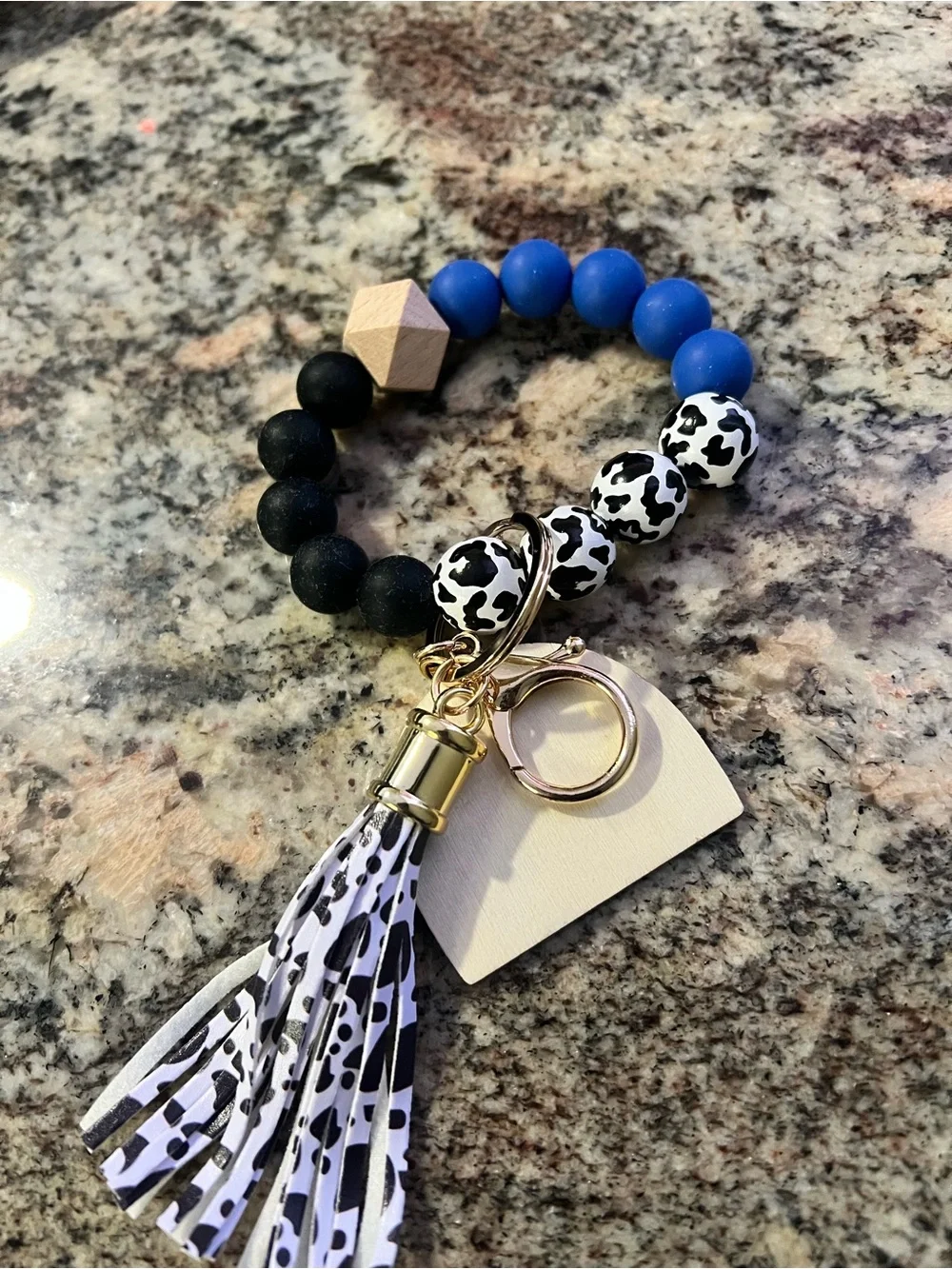 Source Unknown Blue & Black Beaded 'mama' Keyring with Leopard Tassel